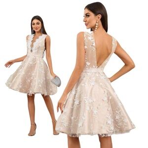 Skin Color Lining, Deep V Strap Chest Pad with 3D Flower Embroidery Dress